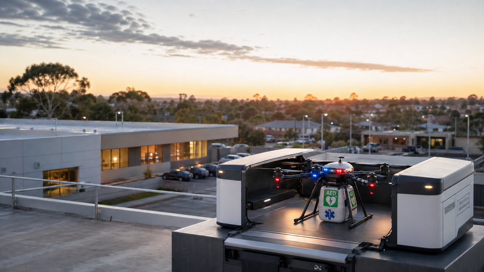 An autonomous LIFT drone sits above a launch dock co-located with an ambulance station, ready for a Category 1 cardiac-arrest dispatch.
