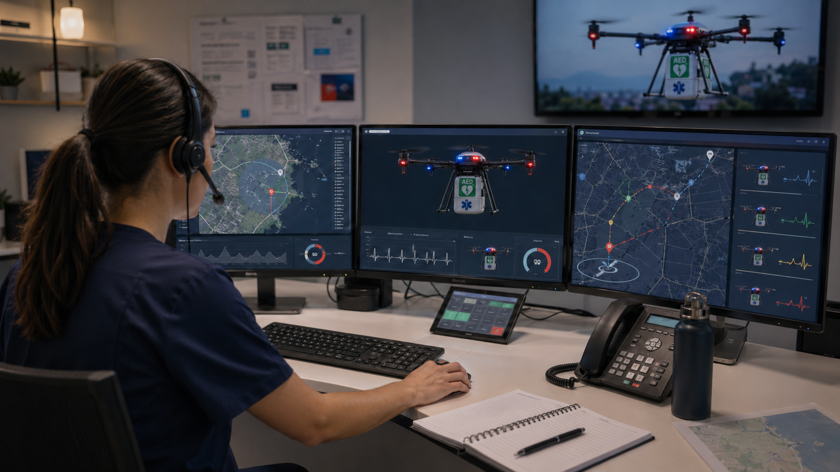 An ambulance dispatch operations centre with operator screens showing a live drone-AED mission tracked alongside the road resource and the GoodSAM volunteer alert.