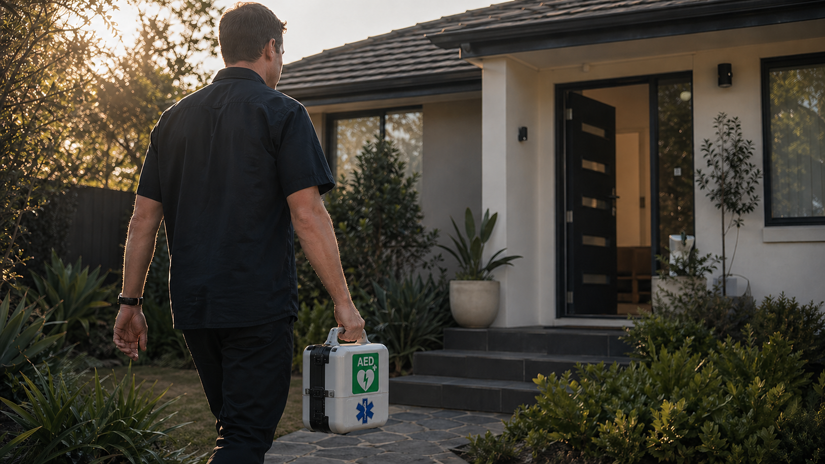 A bystander responder kneels beside a collapsed person and follows the loudspeaker coaching from a just-arrived drone-delivered AED, completing the chain of survival.